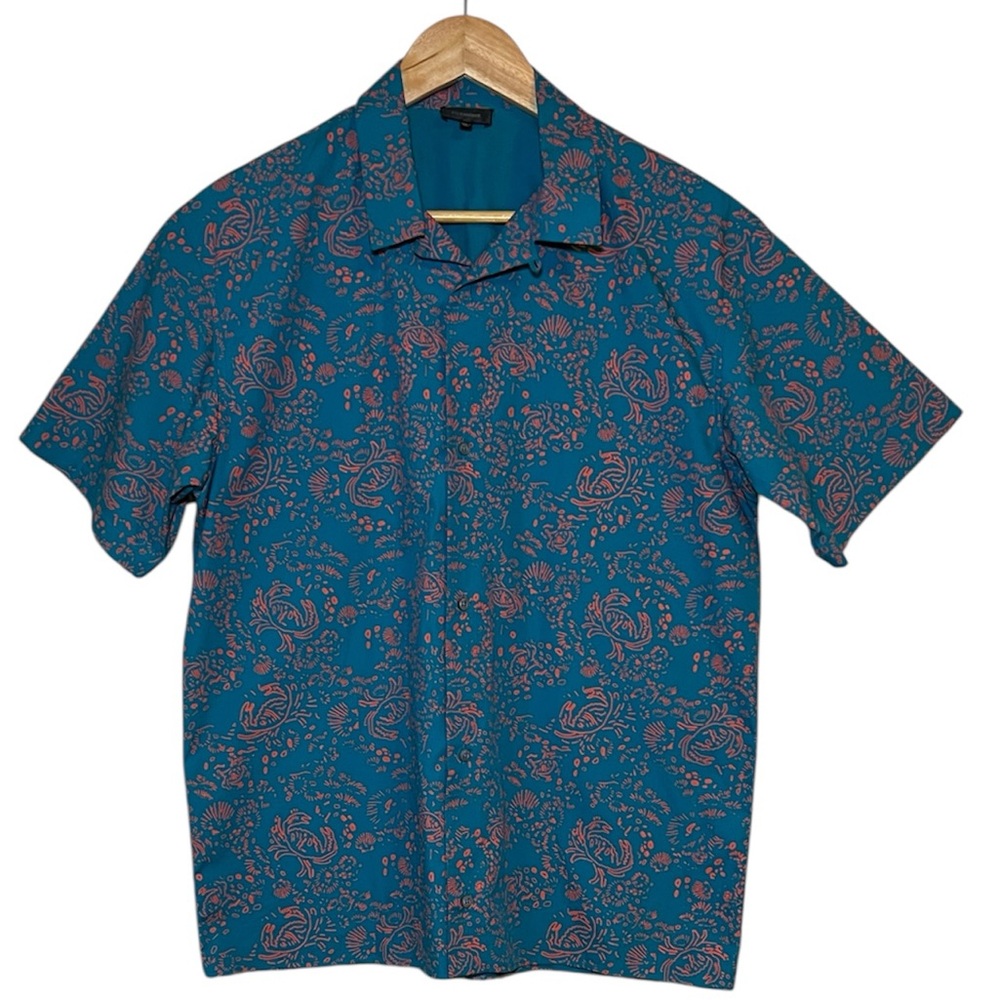 Jil Sander Men’s Button-Up Shirt Size Medium Teal Coral Print Made in Italy